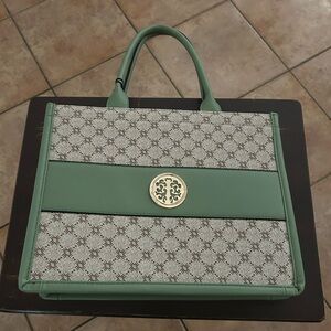 Green bag with Beige, White fabric inside with Black stripes, 2 interior bags.